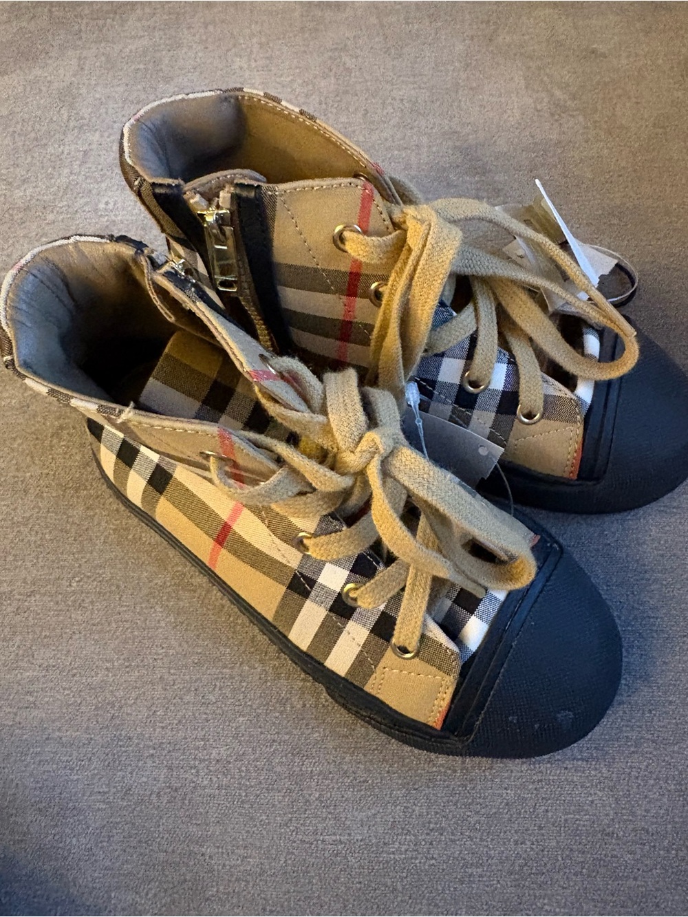 Burberry Kids Check High-Top Sneakers in Beige, Black and Red